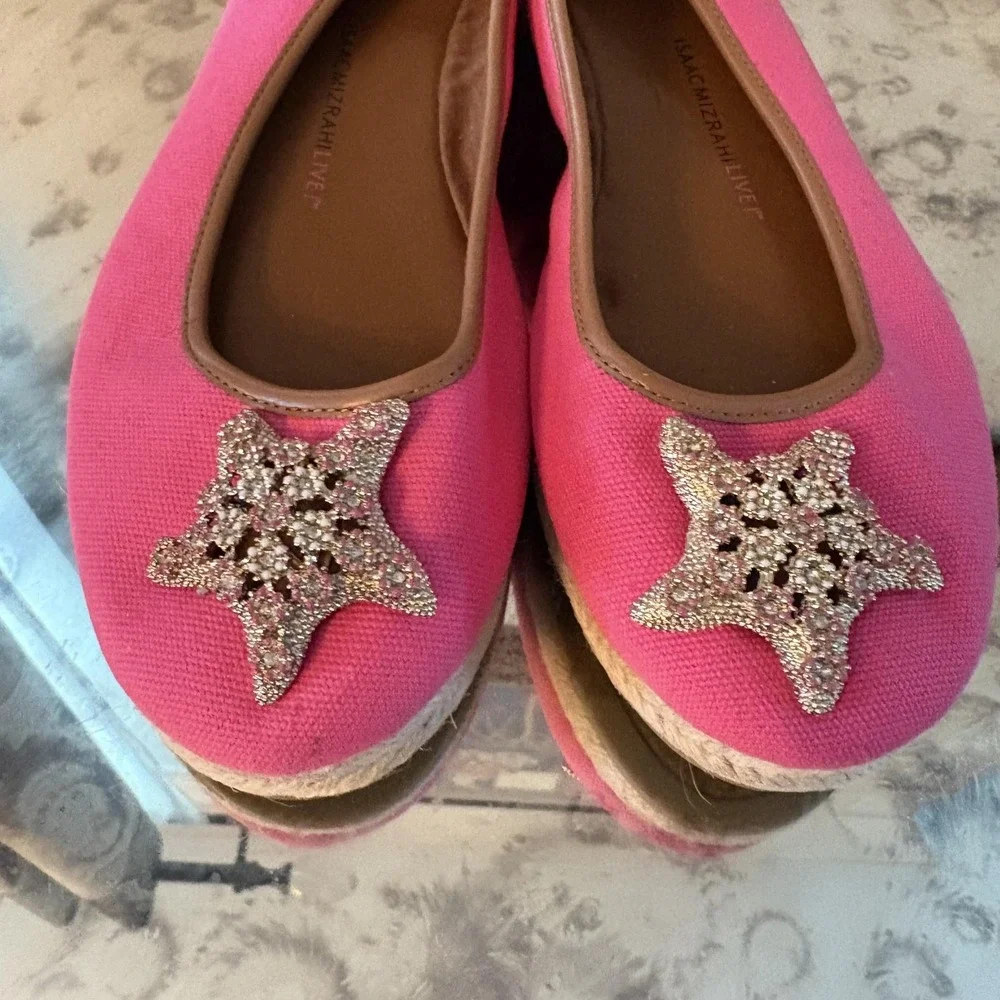 Isaac Mizrahi Shoes Womens Size 10 Pink Canvas Starfish Jeweled Espadrille Flats